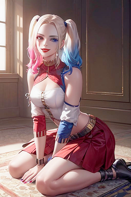 Harley Quinn with White Hair Takes Center Stage in Front-View Hentai Picture