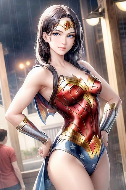 Wonder Woman Soaked by Rain in Erotic Nighttime Hentai Picture