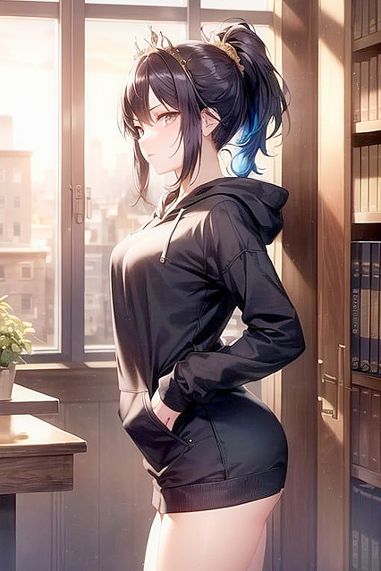 Diadem-Wearing Beauty with Ponytail Stands for Steamy Hentai Picture