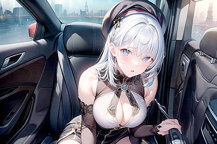 Sexy CowGirl 18+ in Beret Rides Hard in Carnal Car Hentai Image