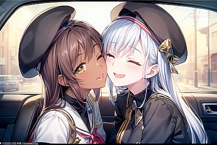 Girl 18+s kissing in car wearing berets for steamy hentai Picture