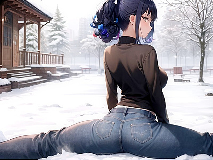 Permed Hair Beauty in a Cozy Sweater Gets Hot in the Snowy hentai Picture