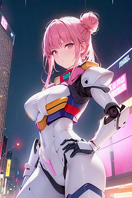 Pink and White Gundam Armor Picture in Cyberpunk City hentai Sex