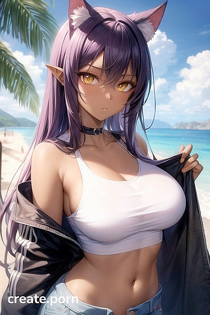 Oversized T-Shirt, Purple Cat Ears, and Giant Breasts in steamy Hentai Picture