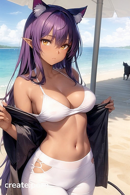Dark-Skinned Beauty with Purple Hair seduces in Oversized T-Shirt Hentai Picture