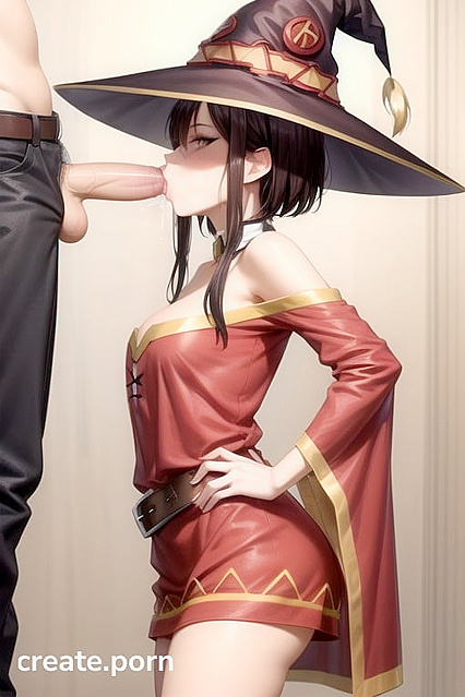 Megumin from Isekai Quartet Gives a Hands-On Hip Picture Blowjob