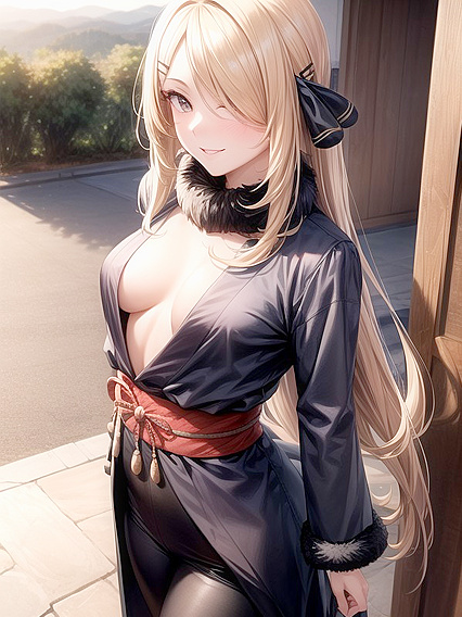 Sunset with Her Skinny Body and Cute Hair Ribbon in Steamy Hentai Picture