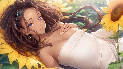 African Beauty in a Sunflower Field for Scintillating Hentai Pleasure
