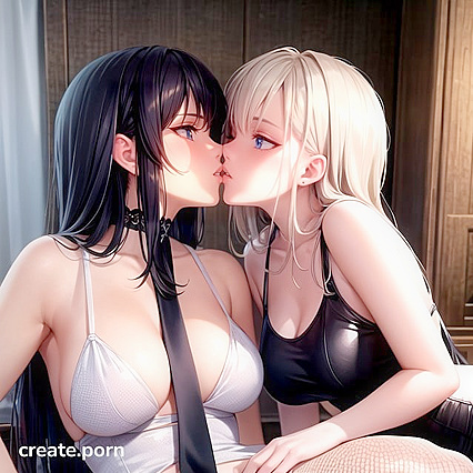 Futanari Girl 18+s in Fishnets Enjoying Passionate Kisses in Hentai Picture