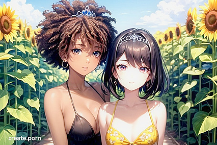 Afro Beauty with Black Hair Seduces in Sunflower Field Hentai Image