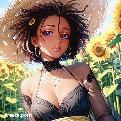 Afro Beauty with Hair Ribbons Seduces in Sunny Sunflower Fields Hentai
