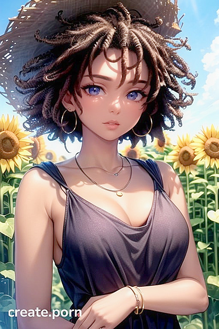 African Beauty Wears Hair Ribbons in Sunflower Fields for Steamy Hentai Picture