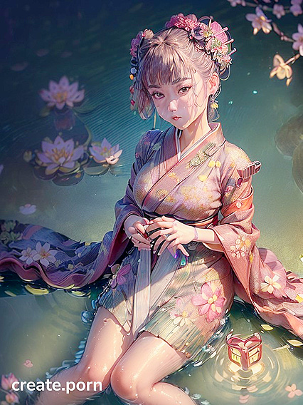 Detailed Facial Expressions – She Leansto Gaze at the Pond Under Moonlight Hentai AI Porn
