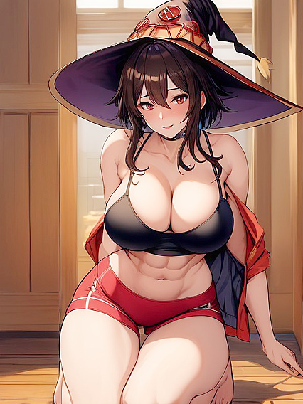 Megumin from Isekai Quartet Wears Sexy Sporty Shorts in Submissive Hentai Image