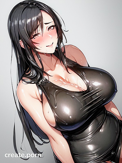 Mischievous Smile and Blush as She Shows Off Her Massive Breasts in Busty Hentai AI Picture