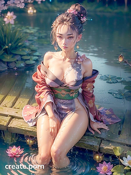 Nighttime Rain-Drenched Pond Image with Seductive Hentai Picture