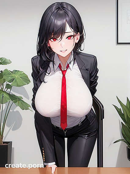 Grinning Woman in Business Suit Takes Pleasure in Seductive Hentai Images
