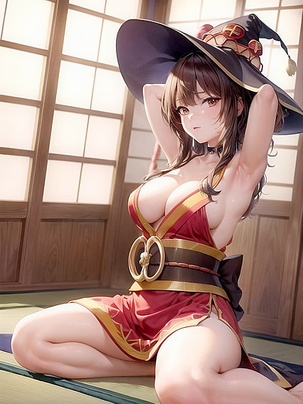 Megumin from Isekai Quartet Raises Her Arms for Soft Pastel Hentai Pleasure