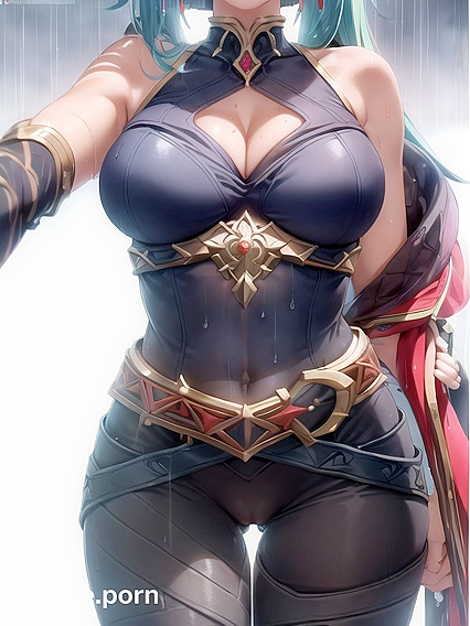 Light Blue Haired Babe Shows Off Her Medium Ass with Arms Raised in Hentai AI Picture
