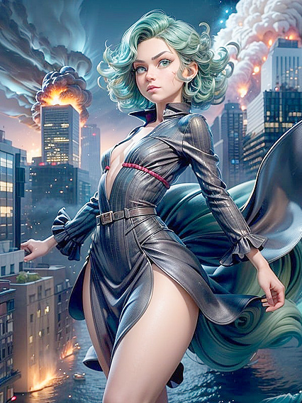 Skinny Green-Haired beauty in a Seductive Dress for  Hentai Pleasure