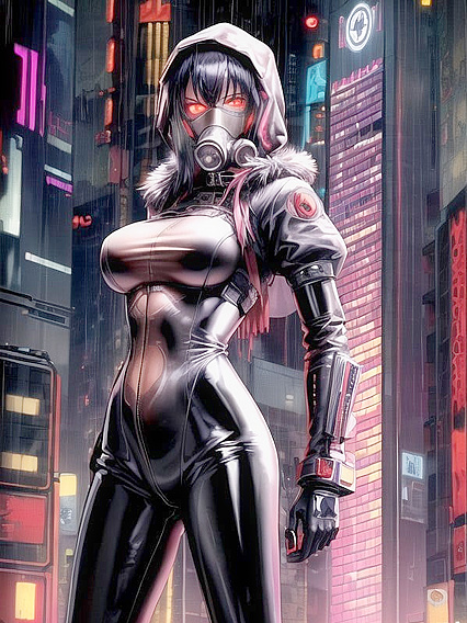 Muscular Stud Shows Off in Cyberpunk City's Waist-Up Hentai Picture