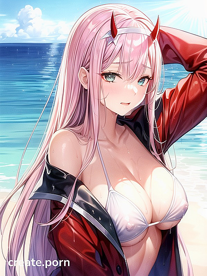 Glowing-Eyed Beauty with Huge Breasts Seduces in Bikini Hentai Image