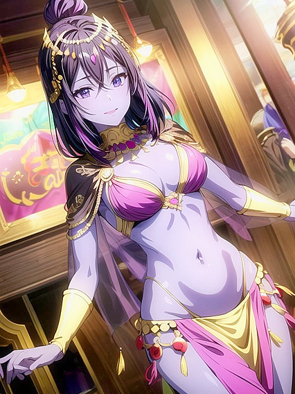 Belly Dancer with Dark Brown Skin Seduces Crowds in hentai AI Picture