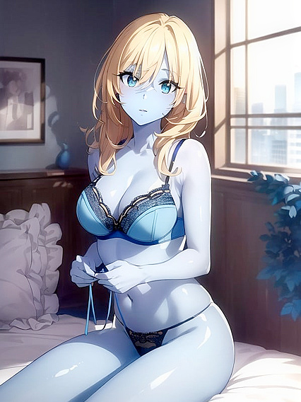 Blue-Skinned Beauty Gives a Sultry Busty Performance in Anime Erotic Art