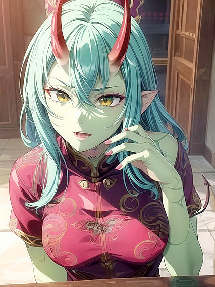 Busty Green-Skinned Beauty with Oni Horns in Seductive Hentai Picture