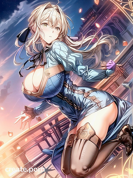 Violet Evergarden's Massive Tits in Detailed Full-Body Blue Dress Hentai Picture