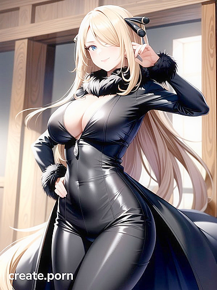 Cynthia from Pokémon Poses Happily with Hands on Hips for Seductive Hentai Fun