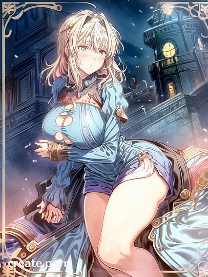 Violet Evergarden's Massive Tits in Blue Dress, Full-Frontal Hands-Crossed Hentai Image
