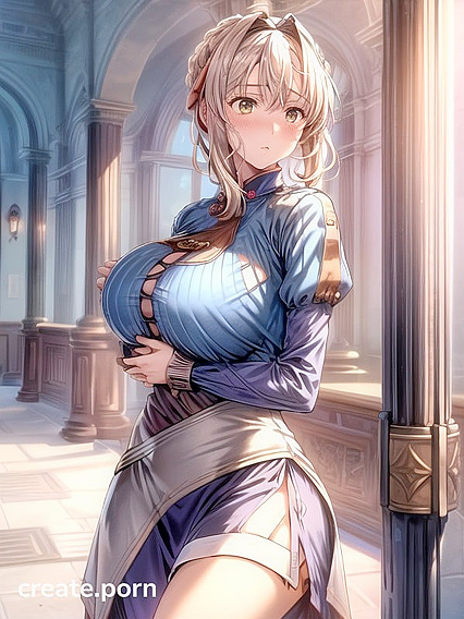 Violet Evergarden's Massive Tits in Blue Dress, Arms Crossed for Busty Hentai Picture