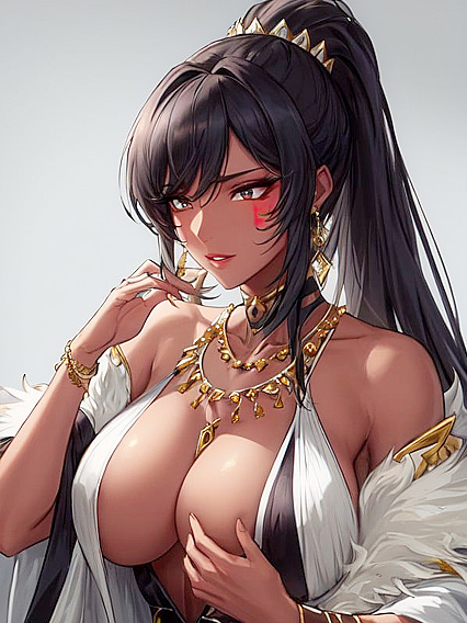 Ponytailed Babe with Large Breasts Wears Tooth Necklace in Steaming Hentai Picture
