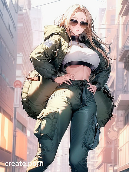 Blonde Babe in Green Cargo Pants and Black Puffy Jacket Shows Off Huge Tits