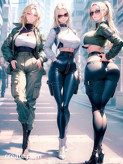 Blonde Beauty in Green Cargo Pants and Black Puffy Jacket Shows Off Her Curves in Hentai Picture