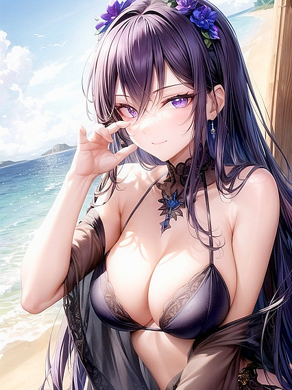 Purple-Eyed Beauty Winks Seductively on the Beach in Steamy Hentai Picture