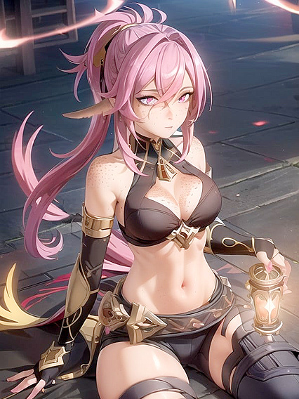 Dehya from Genshin Impact with Freckles and Glowing Eyes in Sensual Hentai Images