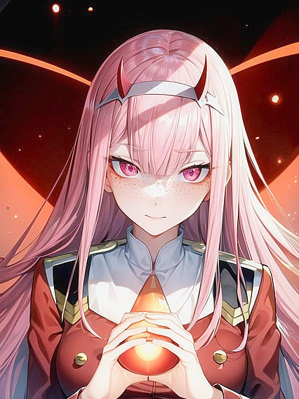 Zero Two from Darling in the FranXX with Glowing Pink Eyes in Steamy Hentai Picture