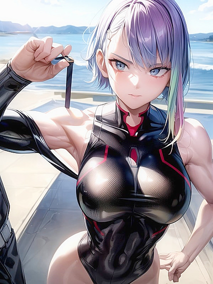 Lucy from Cyberpunk with Muscles and Multi-Colored Hair in Steamy Hentai Picture