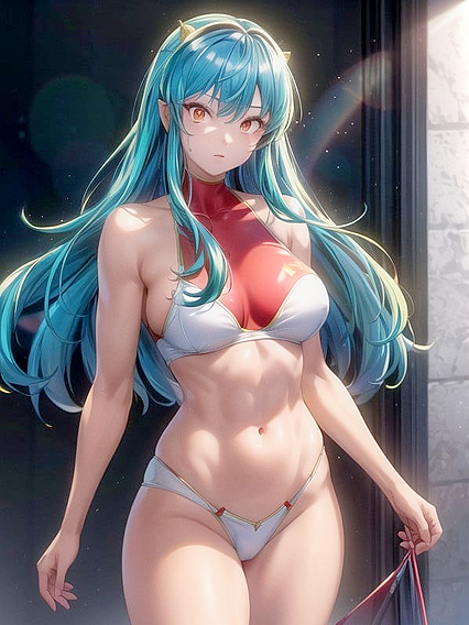 Lum from Urusei Yatsura Shows Off Muscles in Vibrant Multi-Colored Hair Hentai Picture