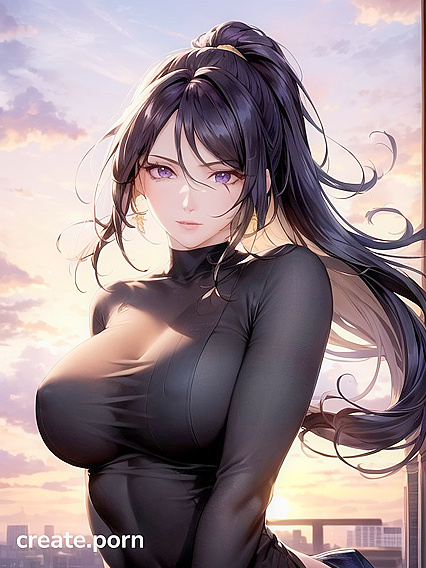 Girl 18+ with Purple Eyes and Flowing Hair in Seductive Long Sleeve Outfit