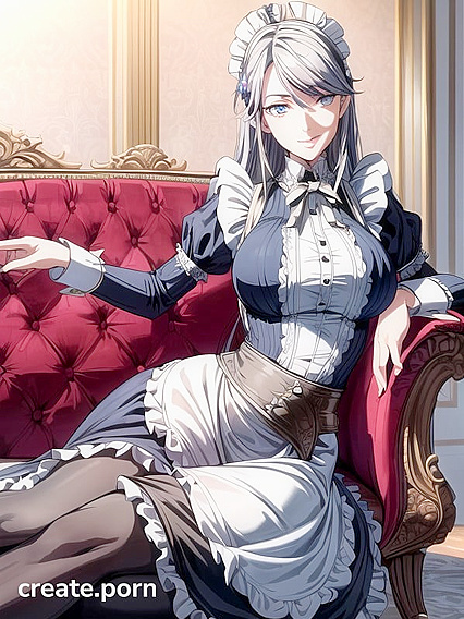 Skinny Victorian Fantasy Maid in Detailed outfit Lays Seductively on Couch Smiling