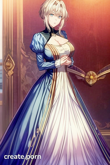 Violet Evergarden's Massive Tits in Tight Blue Dress With Deep Cleavage Arms Crossed Hentai AI Porn