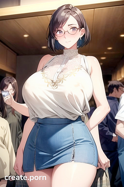 Embarrassed Woman with Gigantic Breasts Surrounded by Crowds in Hentai Scenes