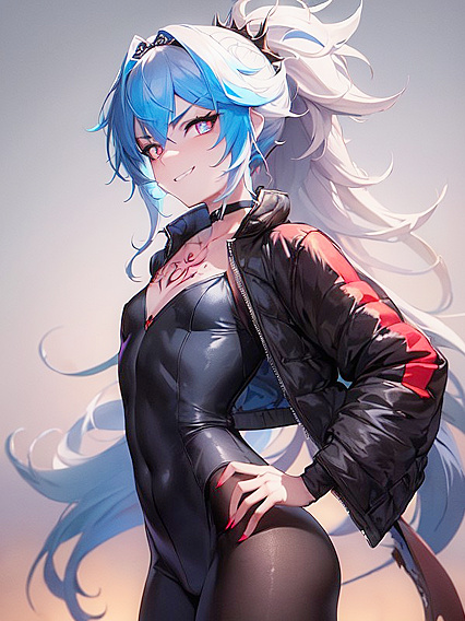 Girl 18+ with Ponytail and Jacket Over Shoulders Smirks in Steamy Hentai Scene