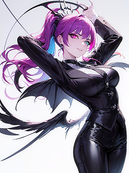 Intricately Tattoosed Face with Floating Halo in Seductive Arms-Crossed Hentai Scene