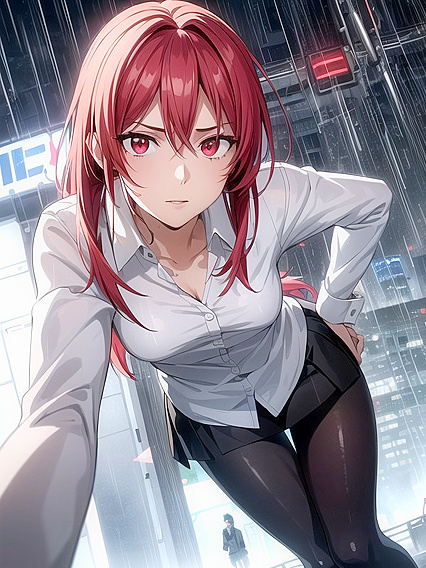 Bottom-Up Action with Red Eyes and Wind-Swept Hair in Hentai Bliss