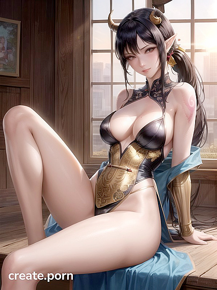 Crossed Legs and Busty Beauty with Raven Hair in Seductive Hentai Action