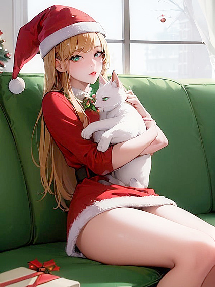 Cuddly Hugging Cat Enjoying Naughty Christmas Fun on the Sofa